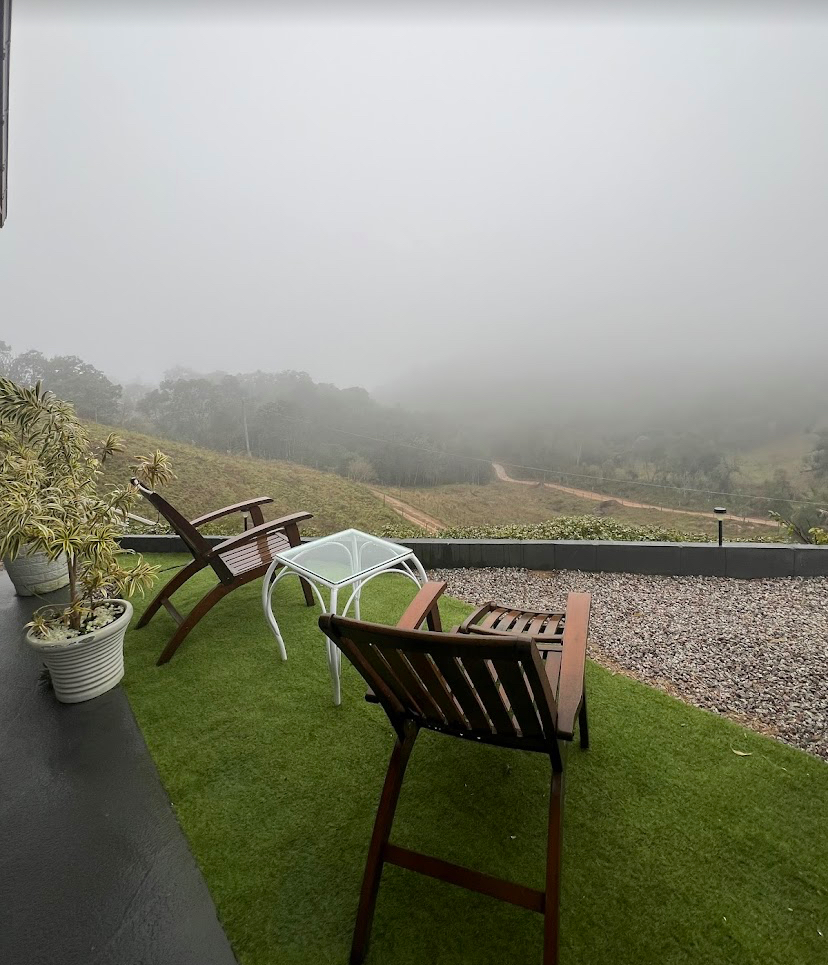 Cadeiras no jardim em meio à neblina
